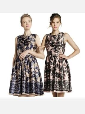 fresh Floral Jacquard Fit-and-Flare Dress in Pink and Beige